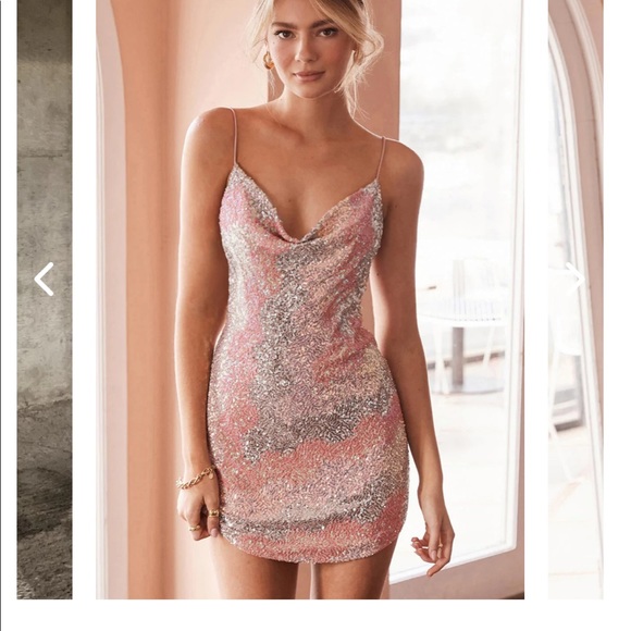 SHOW ME LOVE COWL NECK MINI DRESS SEQUIN PEACH/SILVER - Picture 1 of 4